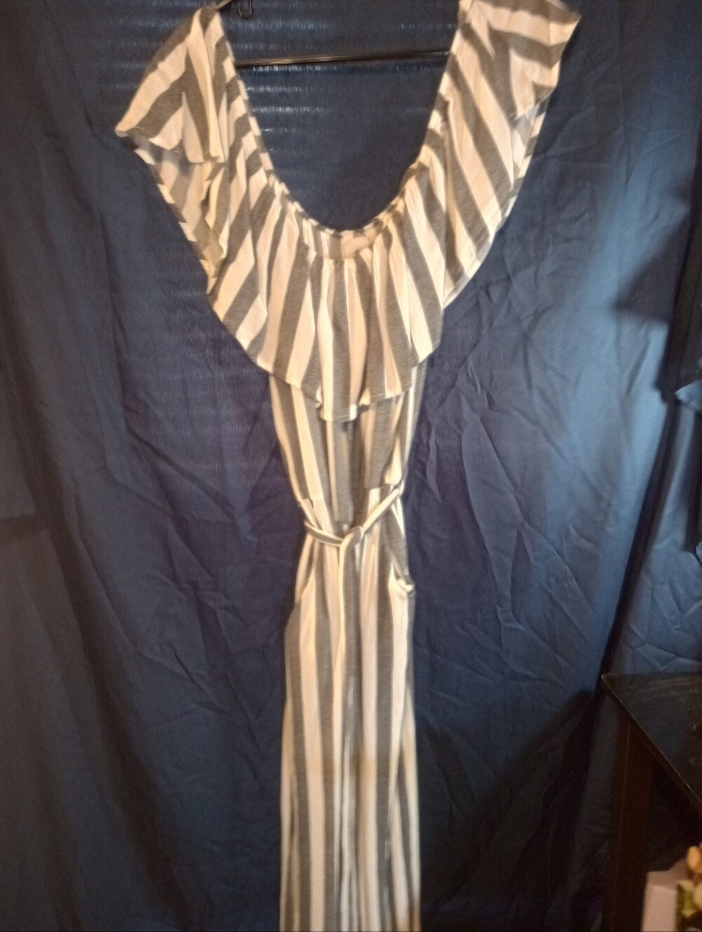Striped Ruffle Neck Maxi Jumpsuit Black & White